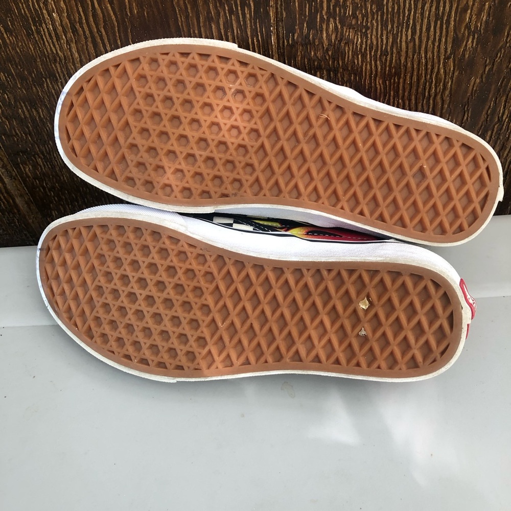 Vans Black & White Checkerboard Slip-Ons with Red/Yellow Flame and Mickey Art - Picture 5 of 6